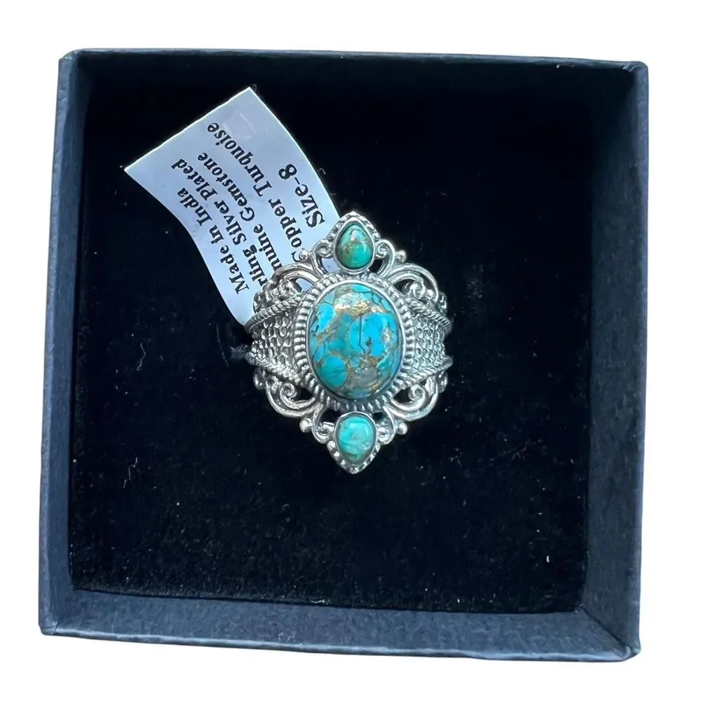 Vintage Blue Copper Turquoise Statement Ring – Size 8 - Sterling Silver Plated